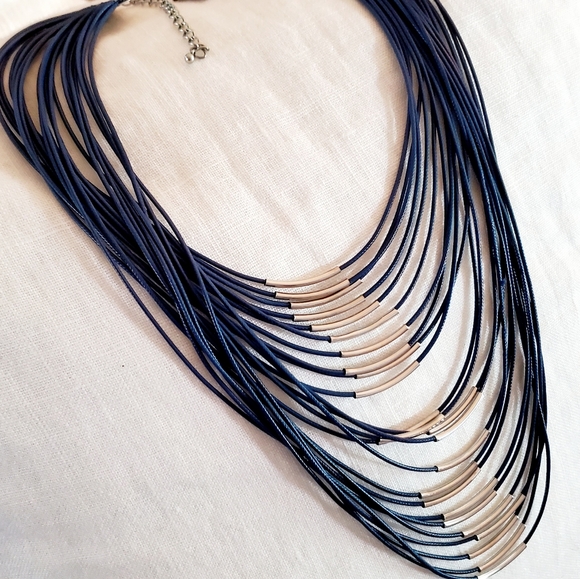 Jewelry - Navy blue layered necklace with silver designs